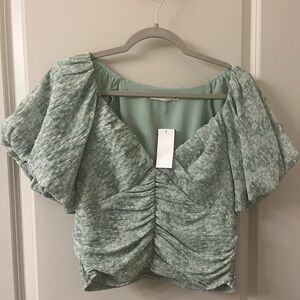 Lush Green Ruched Flutter Sleeve Blouse